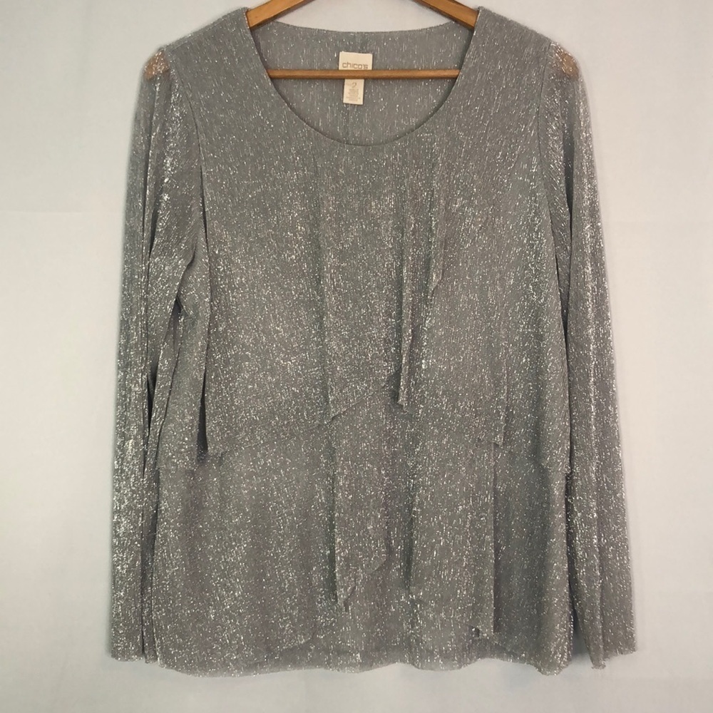 CHICOS Plus Long Sleeve Metallic Gray Top        Size 2